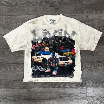 "LIVIN" F-TERRY CROPPED T-SHIRT