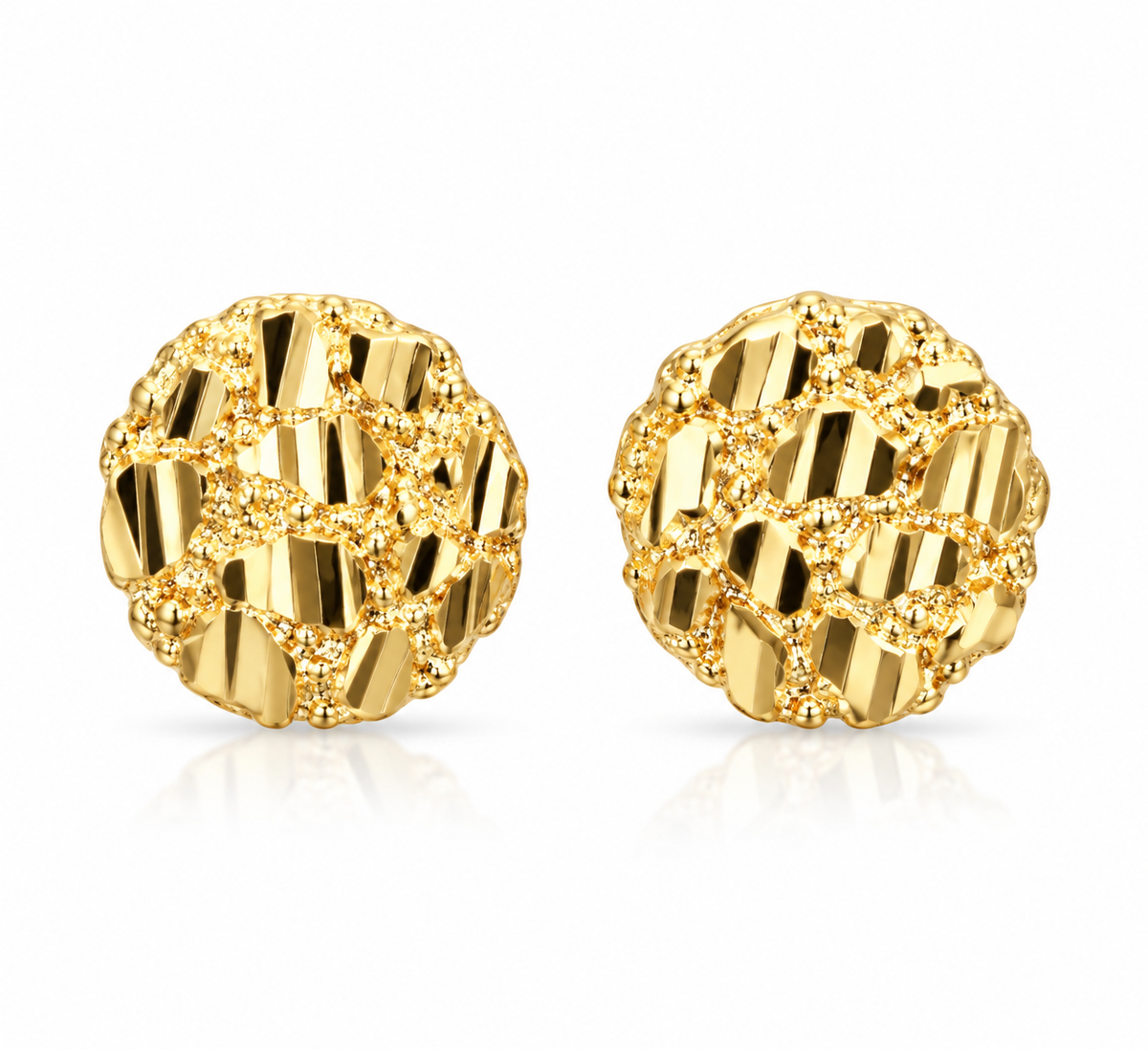 10k Gold Nugget Round Stud Earrings – Diamond-Cut Cluster Design