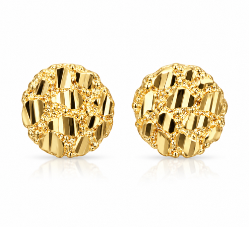 10k Gold Nugget Round Stud Earrings – Diamond-Cut Cluster Design