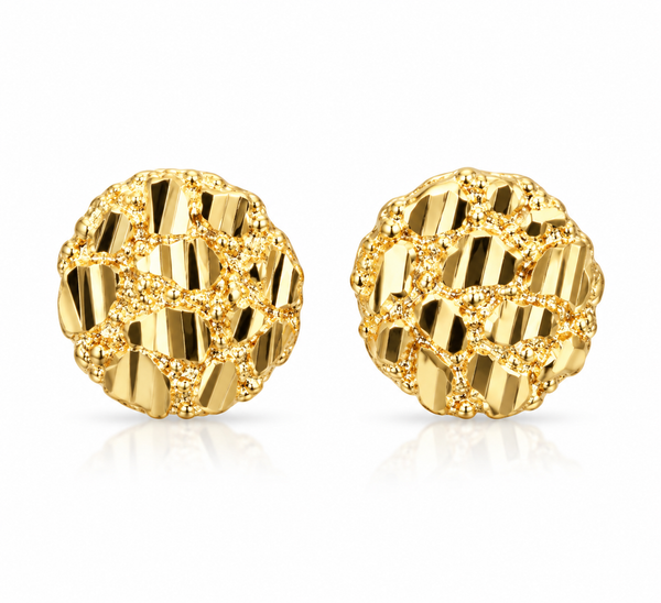 10k Gold Nugget Round Stud Earrings – Diamond-Cut Cluster Design