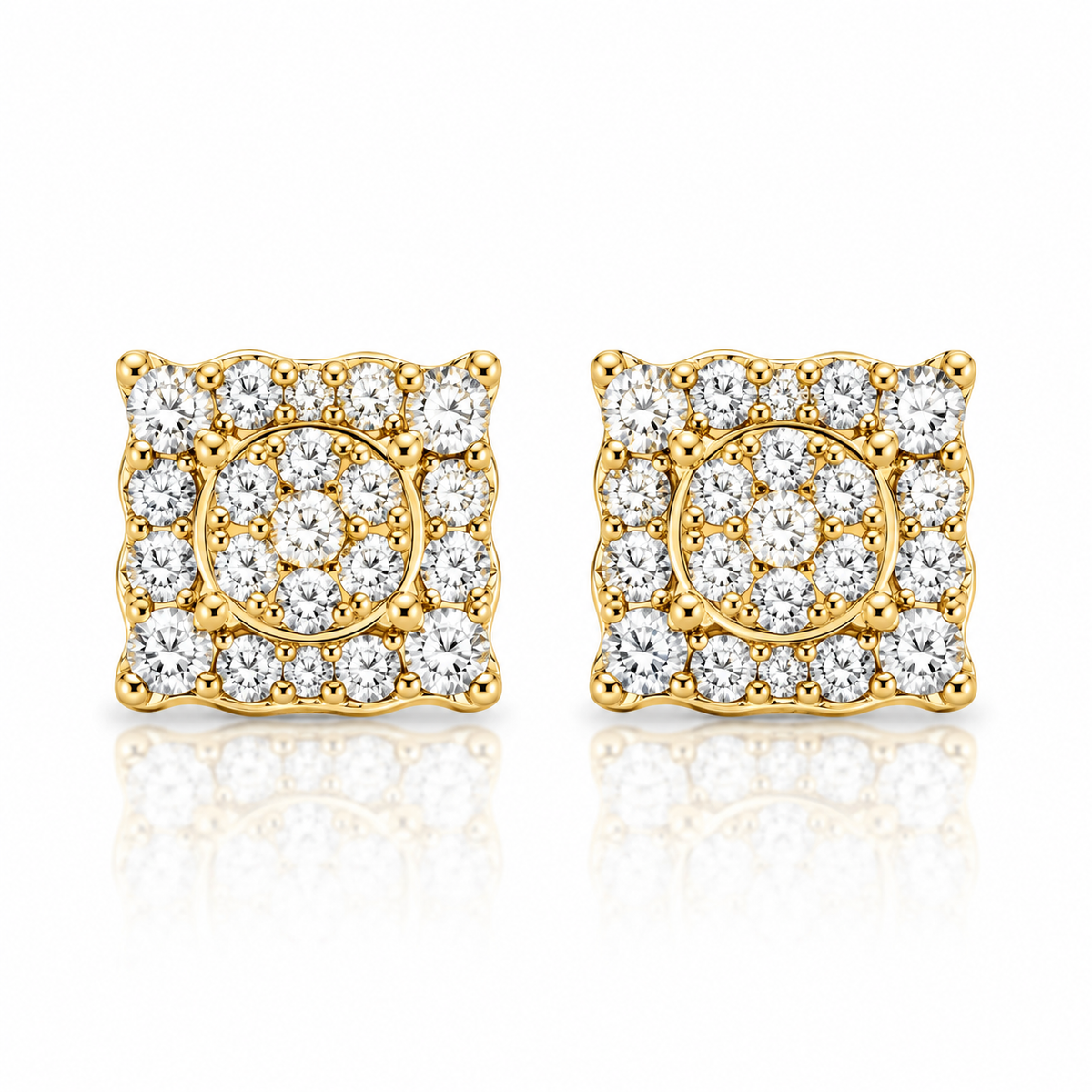 10K Yellow Gold Natural Diamond Square Cluster Stud Earrings