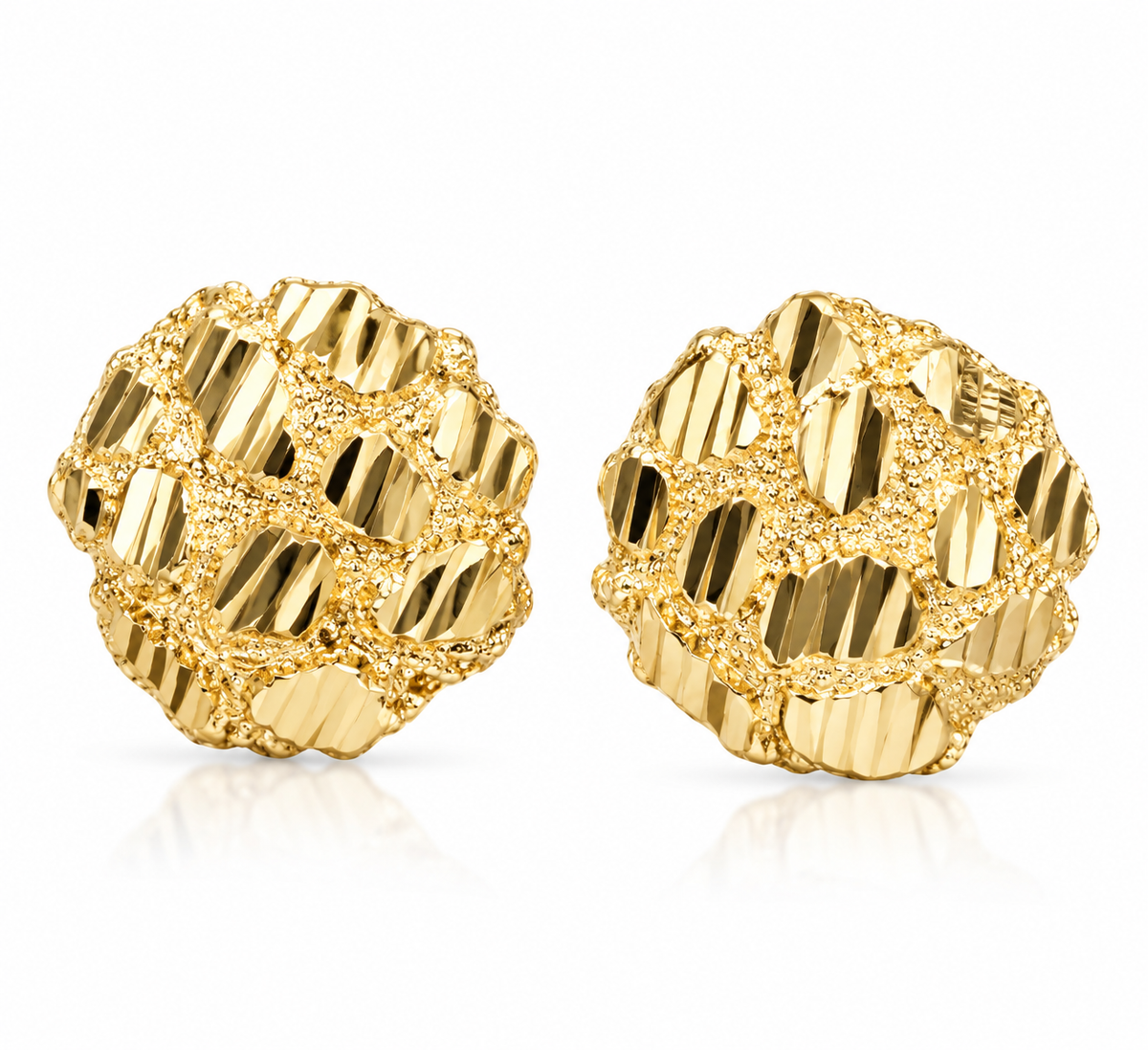 10k Gold Nugget Round Stud Earrings – Diamond-Cut Finish