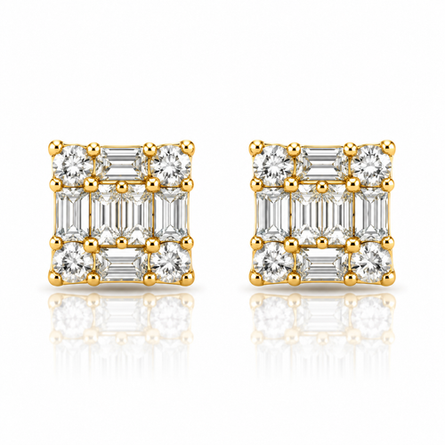 10k Gold Natural Diamond Square Cluster Earrings