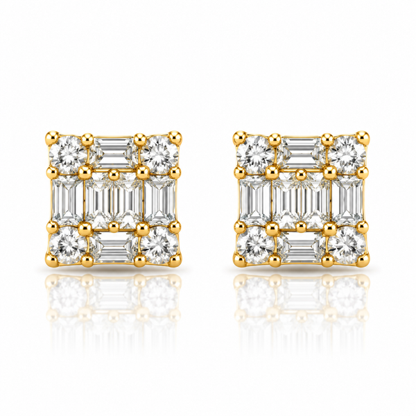 10k Gold Natural Diamond Square Cluster Earrings
