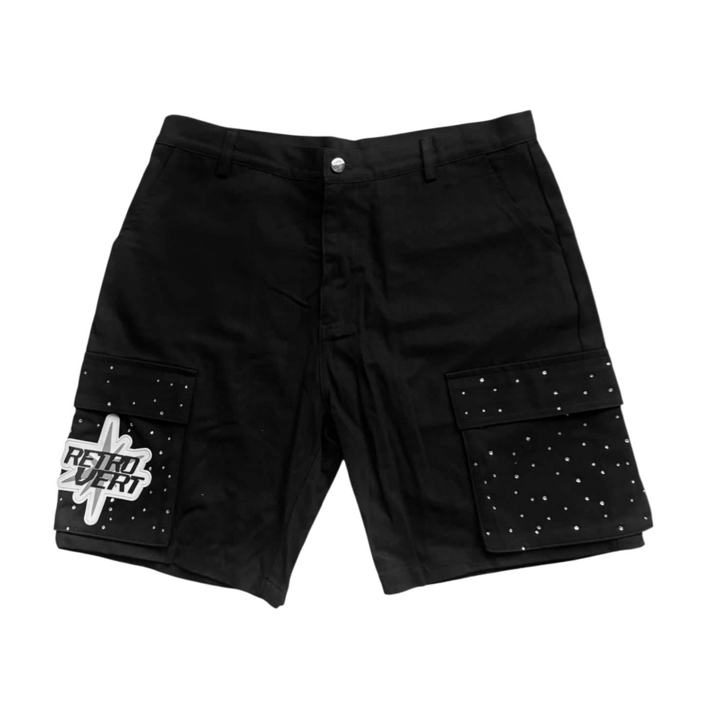 RHINESTONE CARGO SHORTS - BLACK