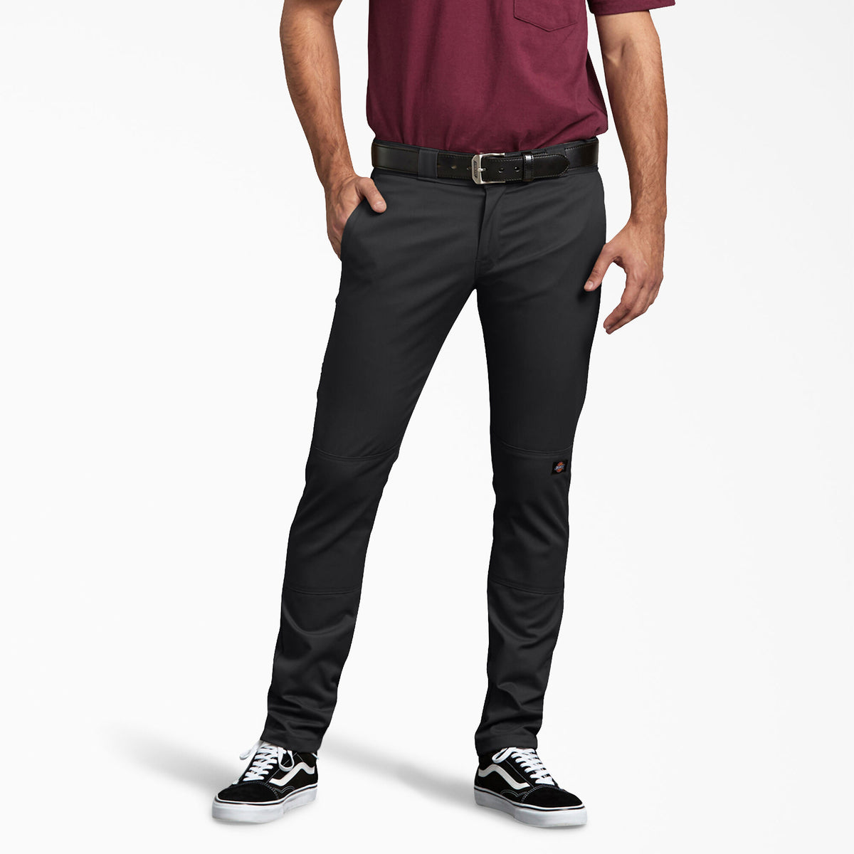 Skinny Fit Straight Leg Double Knee Work Pants, Black