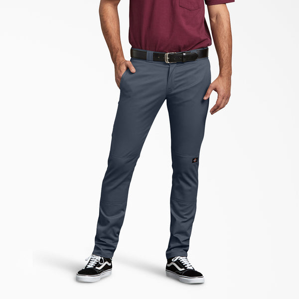 Skinny Fit Straight Leg Double Knee Work Pants, Dark Navy