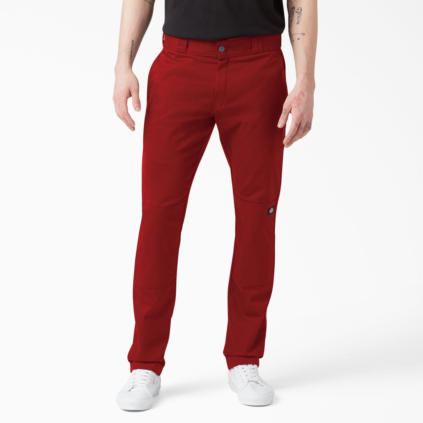 Skinny Fit Straight Leg Double Knee Work Pants - English Red